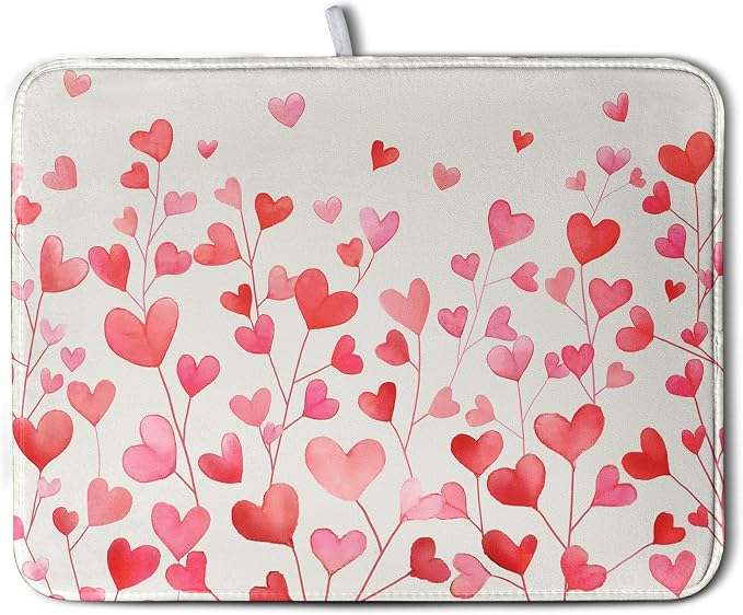 Valentines Pink Love Heart Dish Drying Mat Valentine Day Absorbent Microfiber by Kwlegh