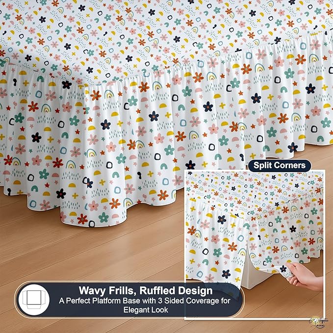 Cottington Lane Ruffled Bed Skirt Full Size with Split Corner, Brushed Microfiber Hotel Quality Dust Ruffle, 24 Inch Drop Gathered Bedskirt, Soft, Stylish, Shrink & Fade Resistant, Rainbow Splash