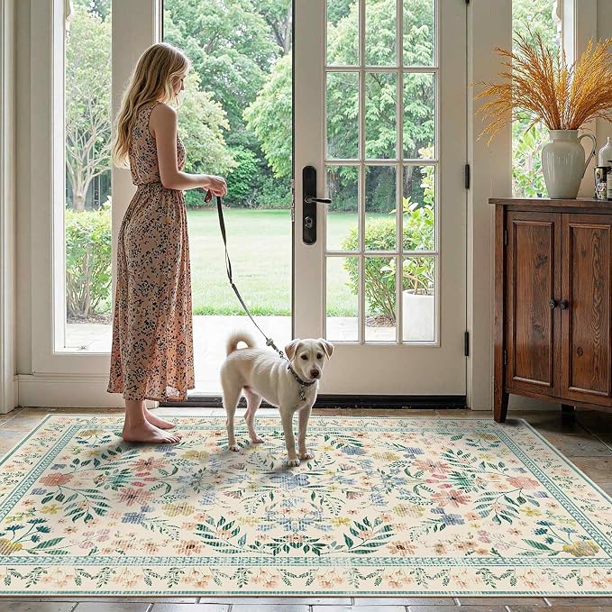 Floral Rug for Living Room Bedroom, 4x6 Washable Rug, Large Non Slip Low Pile - Image 3