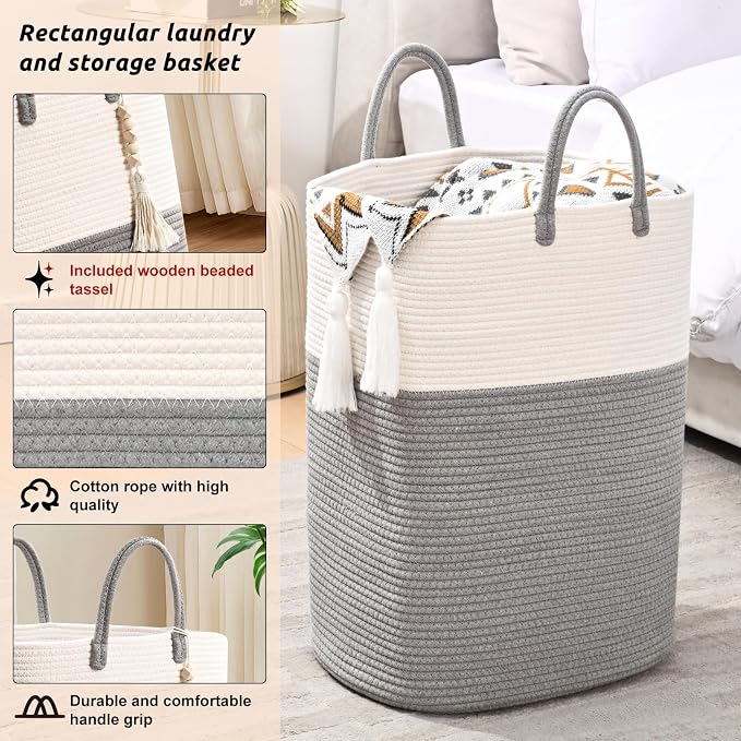 Woven Laundry Basket for Clothes, 50L Large Rectangle Laundry Hampers - Image 3