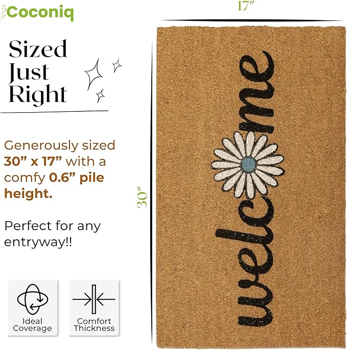 Coir Door Mats 17" X 30", Non-Slip Sturdy, PVC Backed Heavy Duty, Easy to Clean, Ideal for Door Entrance, Patio, Porch, Backyard, Garages, Welcome with Blue Daisy