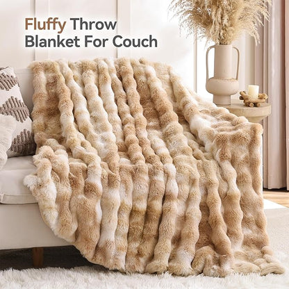 Smoofy Faux Fur Throw Blanket for Couch – Tie-dye Camel Fluffy Cozy Rabbit Fleece, Plush Soft Bubble Blanket for Sofa & Bed, for Mom, Warm Fuzzy Home Room Decor Throw 60" x 80"