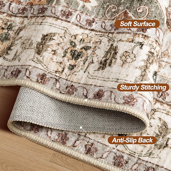 Tangsoo 2.6x8 Washable Runner Rug for Hallways, Non Slip Vintage Runner, Soft Low Pile Long Rug Runner, Print Distressed Turmeric Carpet Runners for Kitchen Bedroom Entryway Bathroom Living Room