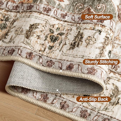 Tangsoo 2.6x8 Washable Runner Rug for Hallways, Non Slip Vintage Runner, Soft Low Pile Long Rug Runner, Print Distressed Turmeric Carpet Runners for Kitchen Bedroom Entryway Bathroom Living Room