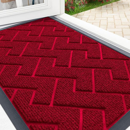 OLANLY Front Door Mat Indoor Outdoor Entrance, Waterproof All-Season, All-Weather Doormat, Sturdy Natural Rubber, Low Profile, Easy Clean Patio Porch Entryway Mat, Herringbone Brick (Wine Red, 71x23)