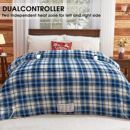 Electric Heated Blanket King Size, 90X100 Heating Blanket King With Dual Control&10 Heats Levels&Timer For Bed,Large Navy Blue Plaid Sherpa Blankets Warmer Gifts for Grandma Women Adults, Washable