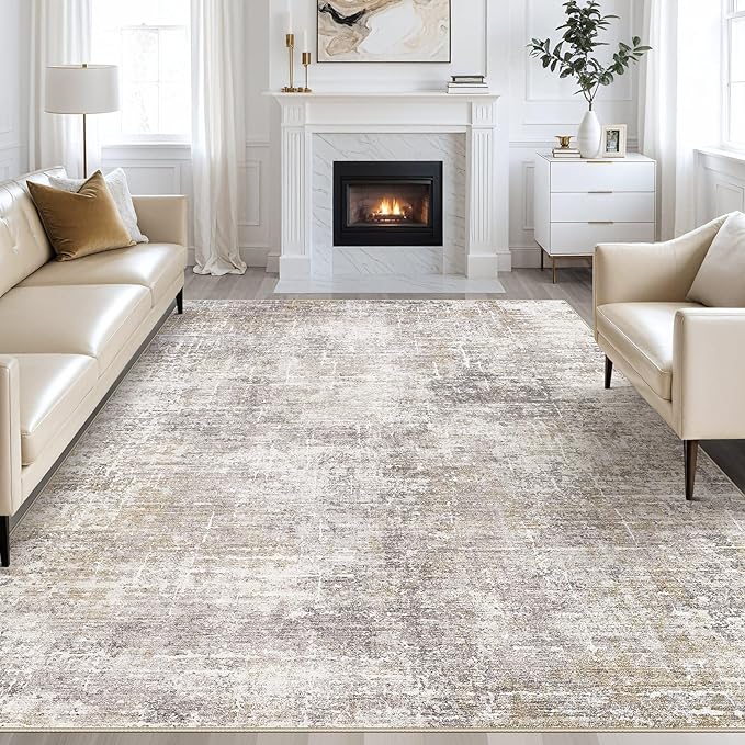 Abstract Living Room Rug 10x12 - Modern Washable Soft Thin Area Rug for Living Room Bedroom Under Dining Table - Neutral Indoor Floor Rug Carpets for Home Office Playroom Nursery - Brown Gold