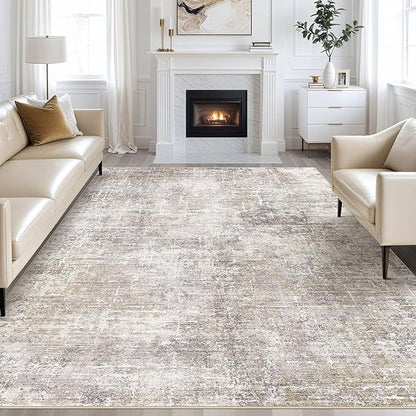 Abstract Living Room Rug 10x12 - Modern Washable Soft Thin Area Rug for Living Room Bedroom Under Dining Table - Neutral Indoor Floor Rug Carpets for Home Office Playroom Nursery - Brown Gold