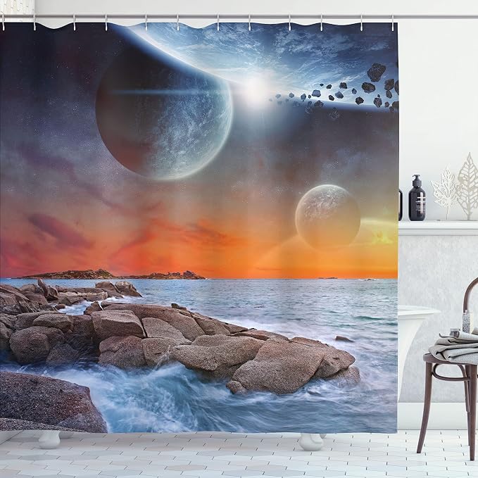 Ambesonne Galaxy Shower Curtain, Planet Landscape View from a Rocky Beach Ocean by Ambesonne