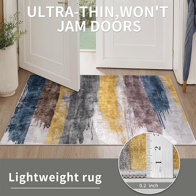 Ciicool 4ft Round Washable Rug, Modern Abstract Circle Rugs, Non-Slip Thin Lightweight Rug Yellow Grey Circular Print Distressed Carpet for Bedroom Living Room Under Dining Table Home Office Decor