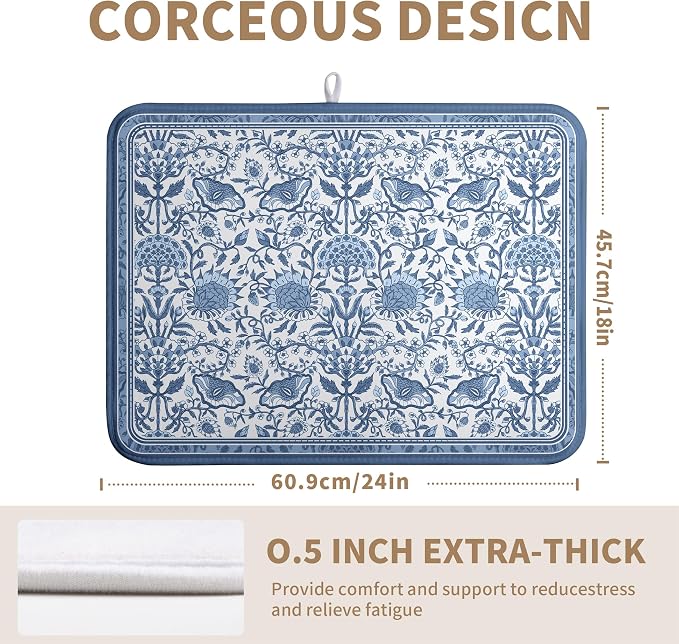 Blue Floral Dish Drying Mat for Kitchen Counter Boho Flowers Dishes Drainer - Image 4