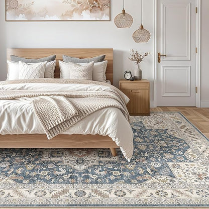 Vintage Living Room Area Rug 5x7 - Large Soft Washable Oriental Traditional Distressed Farmhouse Rugs for Bedroom - Indoor Floor Accent Carpet for Home Office House Decor - Vintage Blue