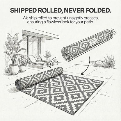 FH Home Outdoor Rug - Waterproof, Fade Resistant, Reversible - Premium Recycled Plastic - Geometric - Porch, Deck, Balcony, Mudroom, Laundry Room, Patio - Aztec - Gray & White Crease Free - 3 x 5 ft