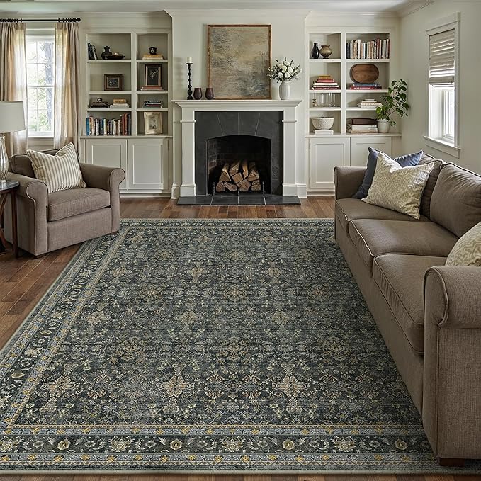 8x10 Area Rug for Living Room Black Vintage Washable Bedroom Carpet Traditional Distressed Soft Non Slip Indoor Large Accent Rug Retro Thin Low Pile Floor Cover for Dining Room Playroom