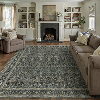 8x10 Area Rug for Living Room Black Vintage Washable Bedroom Carpet Traditional Distressed Soft Non Slip Indoor Large Accent Rug Retro Thin Low Pile Floor Cover for Dining Room Playroom