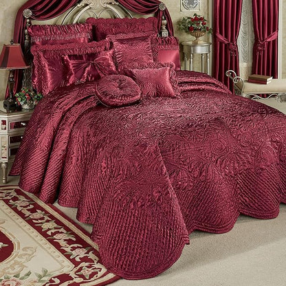 Touch of Class Portia Luxury Bedding | Rich Ruby Red | Premier Quilted Polyester Satin | Romantic Hand Guided Machine Quilted Scroll Design 3 Piece Set with King Bedspread and 2 King Shams