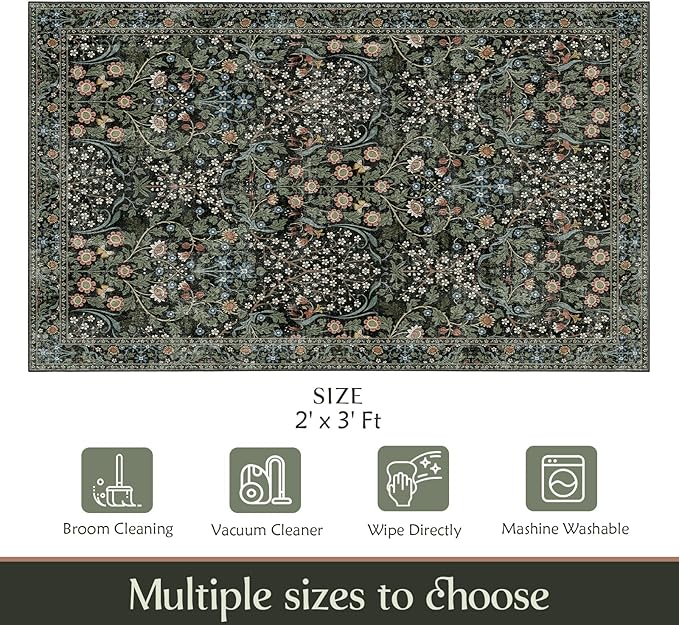 MUJOO 2x3 Washable Rug,Floral Small Area Rugs for Bathroom Entryway Entry Bedroom Bedside,Boho Front Door Mat Indoor Entrance Throw Carpet Botanical Vintage Non Slip Ultra-Thin Black and Green