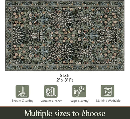 MUJOO 2x3 Washable Rug,Floral Small Area Rugs for Bathroom Entryway Entry Bedroom Bedside,Boho Front Door Mat Indoor Entrance Throw Carpet Botanical Vintage Non Slip Ultra-Thin Black and Green