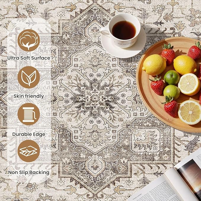 Vintage Living Room Area Rug 2x3 - Large Soft Washable Oriental Traditional Distressed Farmhouse Rugs for Bedroom - Indoor Floor Accent Carpet for Home Office House Decor -Light Brown