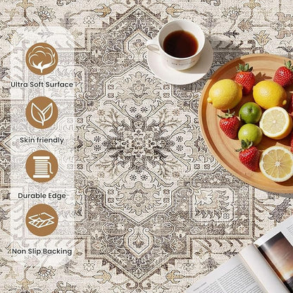 Vintage Living Room Area Rug 2x3 - Large Soft Washable Oriental Traditional Distressed Farmhouse Rugs for Bedroom - Indoor Floor Accent Carpet for Home Office House Decor -Light Brown