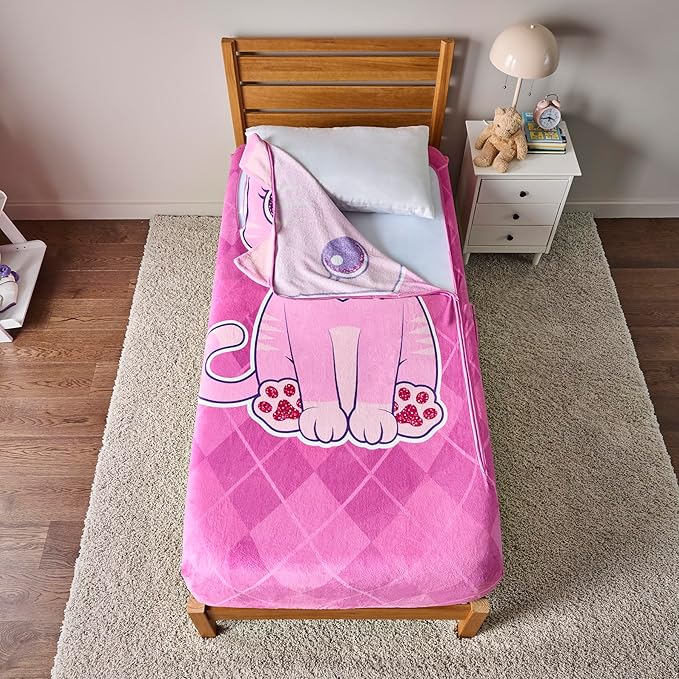ZippySack Twin Bed Zip-Up Bedding – Super Soft Fleece Fitted Blanket with Side Pocket & Durable Zipper – Easy Bed-Making for Kids (Kitty)