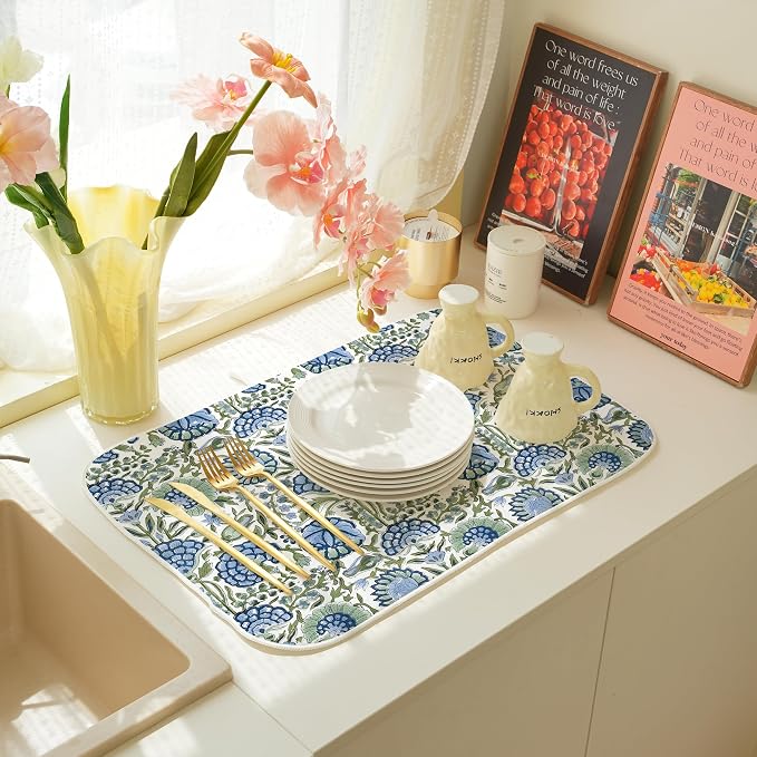 Blue Sage Green Floral Dish Drying Mats 18x24 Inch Sage Green Block Print - Image 5