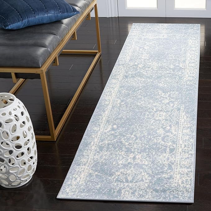 SAFAVIEH Adirondack Collection Runner Rug - 2'6" x 8', Slate & Ivory, Distressed Vintage Floral Design, Non-Shedding & Easy to Clean, Ideal for Hallway, Foyer, Entryway, Bedroom (ADR109T)