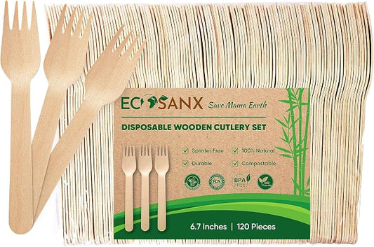 ECOSANX® 120 PCs Wooden forks for eating 6.5" Splinter Free Compostable Forks by ECOSANX