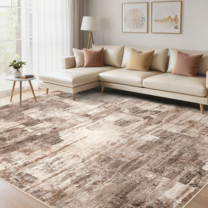 Abstract Living Room Rug 12x18 - Modern Washable Soft Thin Area Rug for Living Room Bedroom Under Dining Table - Neutral Indoor Floor Rug Carpets for Home Office Playroom Nursery - Brown