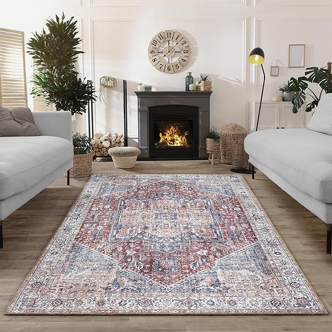 Bloom Rugs Washable Non-Slip 9' x 12' Rug - Red/Blue Traditional Medallion Area Rug for Living Room, Bedroom, Dining Room, and Kitchen - Exact Size: 9' x 12'