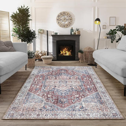 Bloom Rugs Washable Non-Slip 9' x 12' Rug - Red/Blue Traditional Medallion Area Rug for Living Room, Bedroom, Dining Room, and Kitchen - Exact Size: 9' x 12'