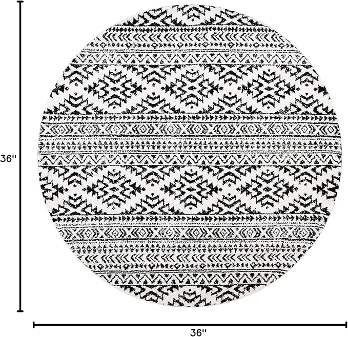 SAFAVIEH Tulum Collection Area Rug - 3' Round, Ivory & Black, Moroccan Boho Tribal Design, Non-Shedding & Easy to Clean, Ideal for Entryway, Foyer, Accent Space, Bedroom (TUL272B)