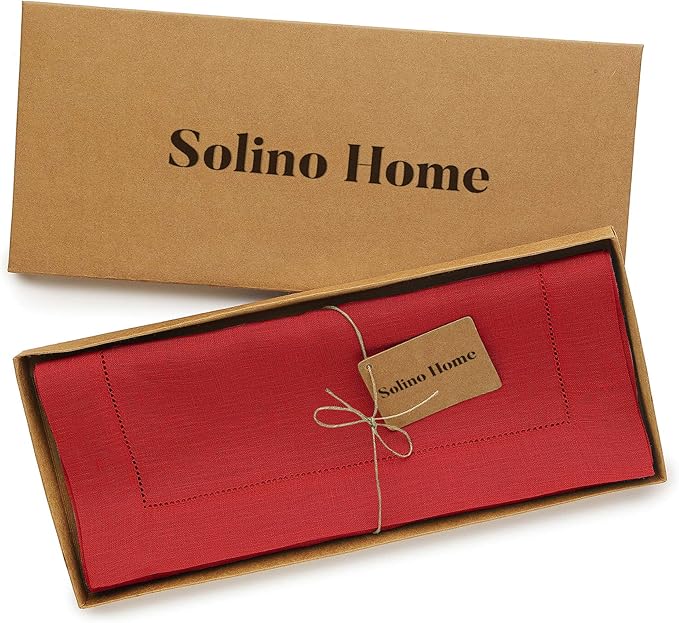 Solino Home Linen Red Table Runner 144 Inches Long - 100% Pure Linen Extra Long Table Runner 14 x 144 Inch for Christmas, Holiday, Winter, New Year - Classic Hemstitch
