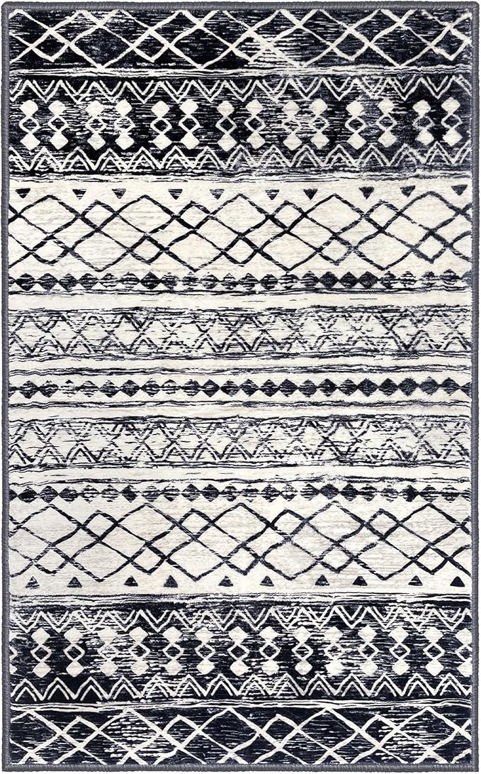 KUTA Moroccan Area Rugs 2x3, Black Navy Blue Entryway Rug Non-Slip Washable Small Indoor Door Mat, Ultra Soft Print Vintage Geometric Low-Pile Floor Carpet for Entrance, Kitchen