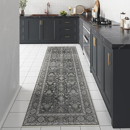 Black Runner Rug 3x8 Vintage Area Carpet Hallway Long Indoor Kitchen Washable Living Room Low Pile Traditional Distressed Retro Accent Throw Rug Non Slip Laundry Bathroom Office Dining Room