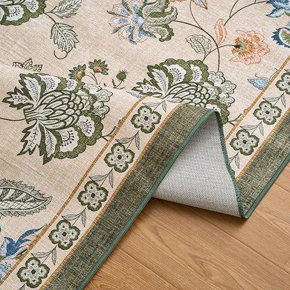 jinchan Elora 2x3 Floral Rug for Entryway Washable Rug Vintage Romance Design Christmas Small Mat Non Slip Indoor Doormat Lightweight Low-Profile Throw Carpet for Bathroom Laundry Room, Green/Beige