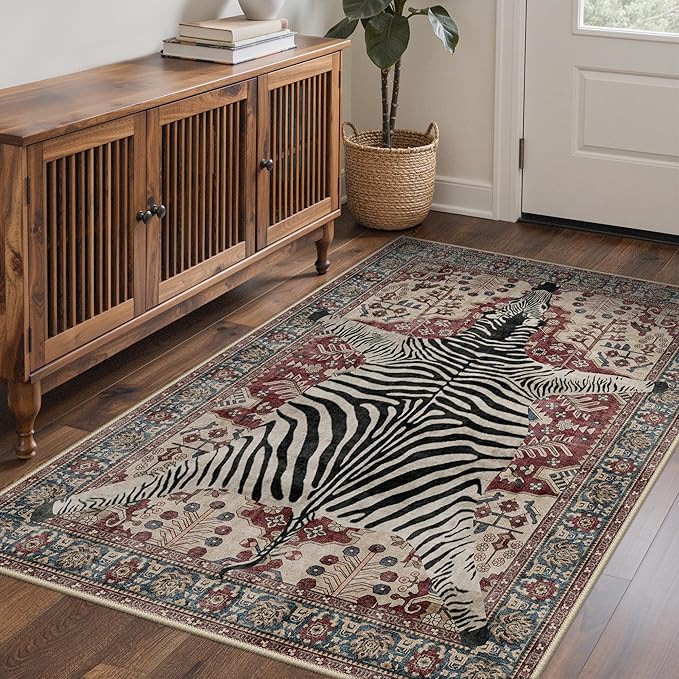Bavni 5x7 Zebra Rug, Machine Washable Animal Print Low Pile Boho Carpet - Image 3