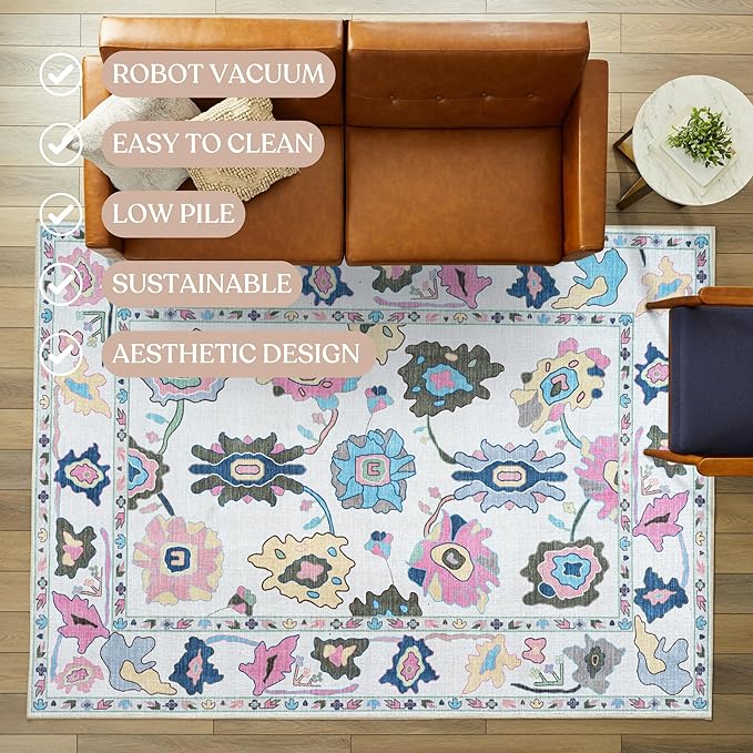 Fame Living Colorful Oushak Rug, Modern, Vintage, Turkish, Eclectic, Floral, Pastel, Washable, Extra Large Area Rugs for Living Room, Dining, Bedroom, Lounge, 9'x12'