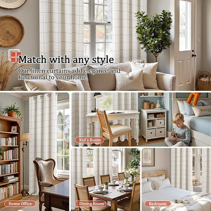 Brown Plaid Patterned Curtains Thermal Insulated - 96 Inches Extra Long Total Linen Blackout Curtains for Living Room, Boho Drapery for Farmhouse Bedroom 52x96 Inch 2 Panels