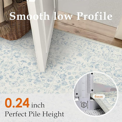 2x8 Blue Runner Rug Hallway Non Slip Kitchen Vintage Distressed Long Carpet Indoor Machine Washable Retro Floral Bedroom Accent Throw Rug for Office Laundry Bathroom Dining Living Room