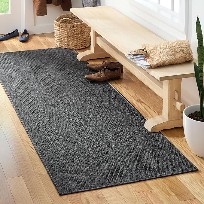 TOWN & COUNTRY BASICS Pax Herringbone Textured Solid Everwash® Washable Runner Area Rug, Low Pile, Non-Slip Backing, Easy Clean Pet & Family Friendly Rug, Dark Grey, 2'5"x10'2"