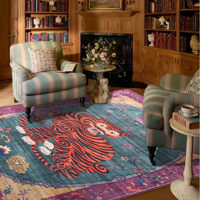 5X7 ft Tiger Rug Washable Oriental Traditional Animal Print Purple-Green Floral - Image 8