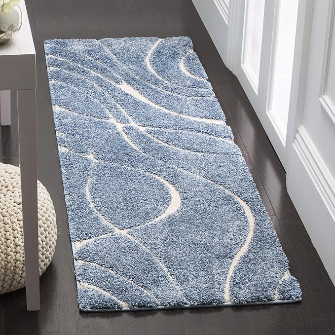 SAFAVIEH Florida Shag Collection Runner Rug - 2'3" x 13', Light Blue & Cream, Non-Shedding, 1.2-inch Thick, Ideal for Living Room, Hallway, Foyer, Bedroom (SG471-6011-213)