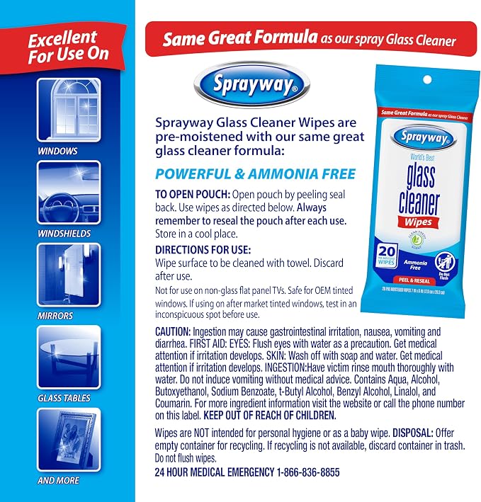 Sprayway Glass Cleaner Wipes, Pre-Moistened | Original Ammonia-Free Formula | - Image 8