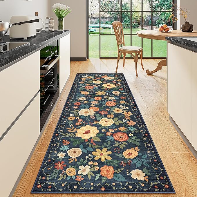 DUKINO Runner Rug, 2x10 Kitchen Hallway Carpet, Washable with Non-Slip Backing, Low Pile Soft Boho Floral for Entryway, Laundry, Bedroom, Dark Blue