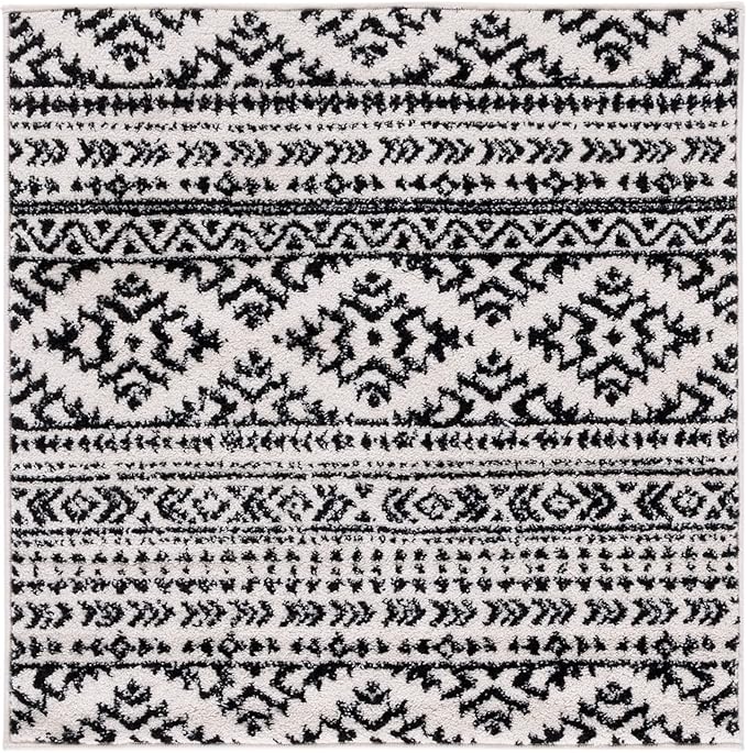 SAFAVIEH Tulum Collection Area Rug - 6'7" Square, Ivory & Black, Moroccan Boho Tribal Design, Non-Shedding & Easy to Clean, Ideal for Living Room, Bedroom, Dining Space (TUL272B)