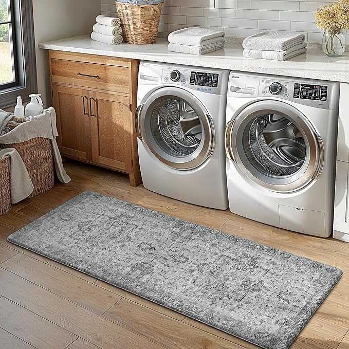 GENIMO Kitchen Mats for Floor 2PCs, Washable Anti Fatigue Mat for Cushioned, 17.3"x47"+17.3"x30", Waterproof Kitchen Rugs, Non Slip Standing Mat Rug for Home, Runner, Sink, Laundry, Vintage Grey