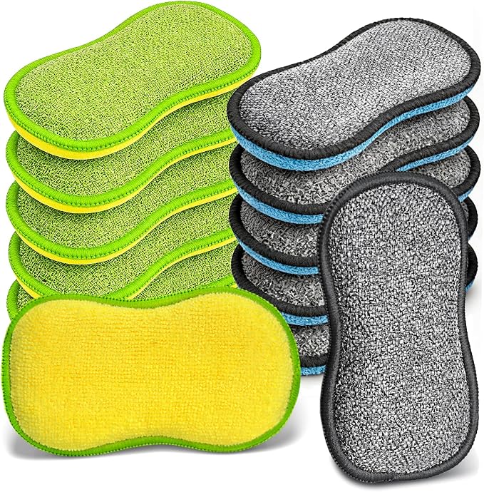 Dish Sponges Kitchen, 12 Pack Multi-Purpose Microfiber Scrub Sponge by YeahWhee