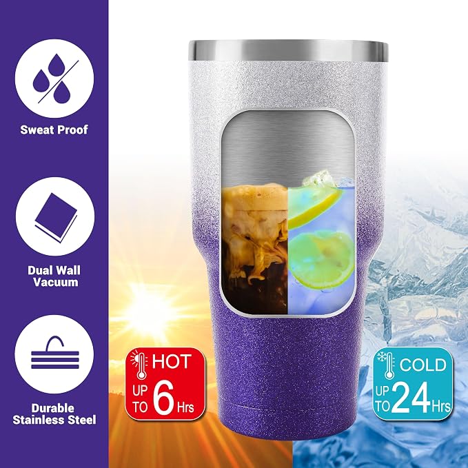 D·S 30 oz Tumbler Purple Glitter Gradient Cup Stainless Steel Double Wall - Image 4