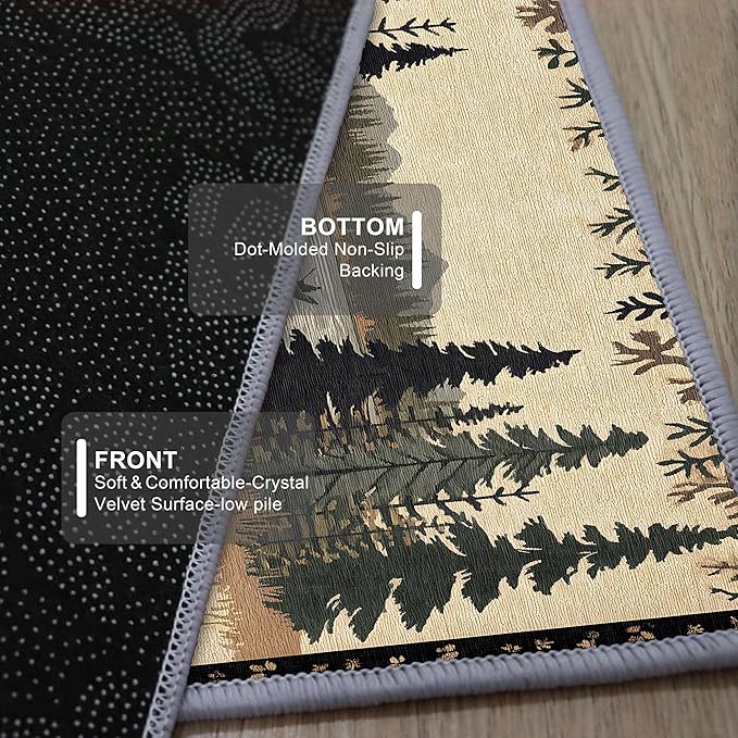 Vintage Bear Claw Fishing Boat Rug 3.3x7ft Elk Pine Forest Bohemian Carpet, Non-Slip Nursery Rug with Washable Surface, Brown Retro Floor Mat for Cabin Decor
